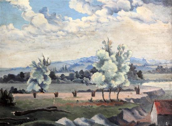 § Walter James Steggles (1908-1997) Suffolk landscape 9.75 x 12.75in. unframed